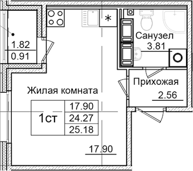 Квартира студия 25.18 м², 2/9 эт., ЖК «Квартал Заречье»